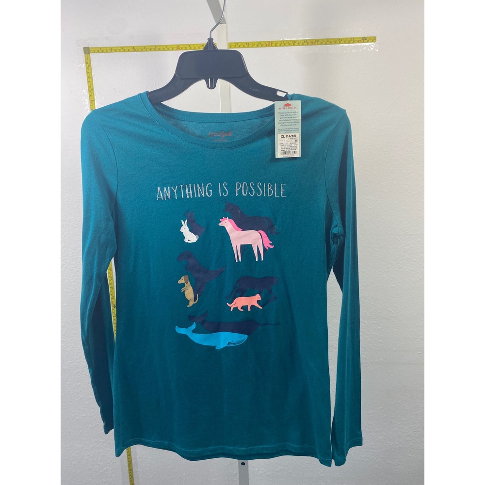 Cat&Jack Girls XL 14/16 Teal Anything Is Possible Animal Graphic Long Sleeve Tee